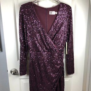 Eliza J Sequin Wrap Dress - Long Sleeve Formal Dress - Purple - Size 8